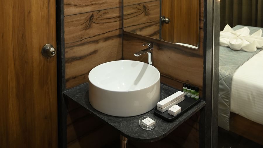 View of a sink in the washroom at Deluxe room at  Mango Leaf Lake Resort, Pune