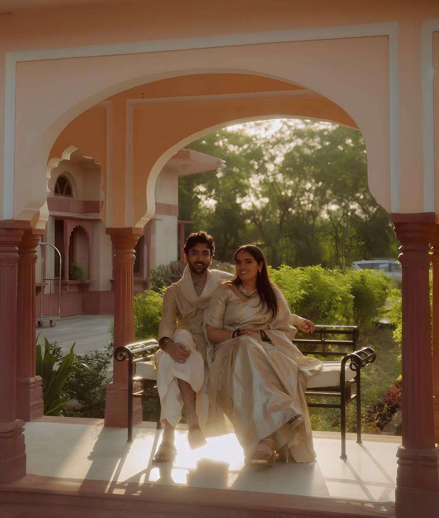 Charvi & Dhruv standing under arched doorway at Umaid Palace during wedding photoshoot.