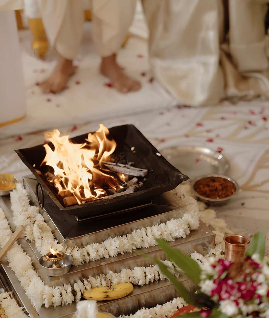 Close view of wedding ritual fire setup at Umaid Palace during Charvi & Dhruv ceremony.