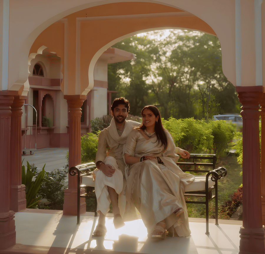 Charvi & Dhruv standing under arched doorway at Umaid Palace during wedding photoshoot.