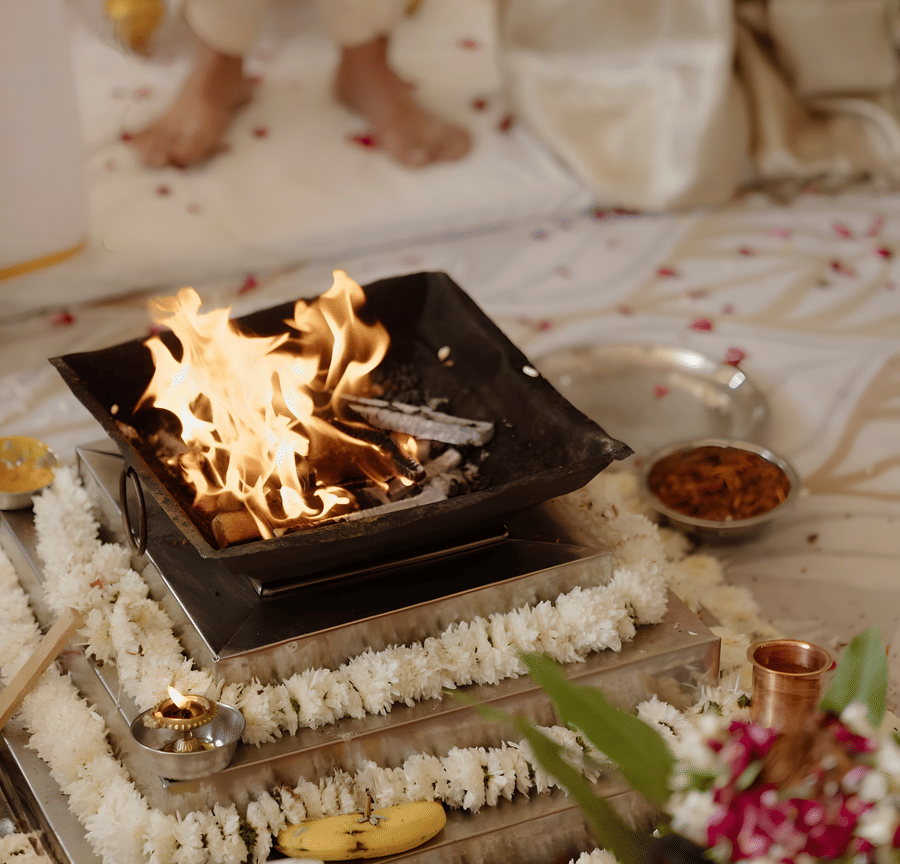 Close view of wedding ritual fire setup at Umaid Palace during Charvi & Dhruv ceremony.