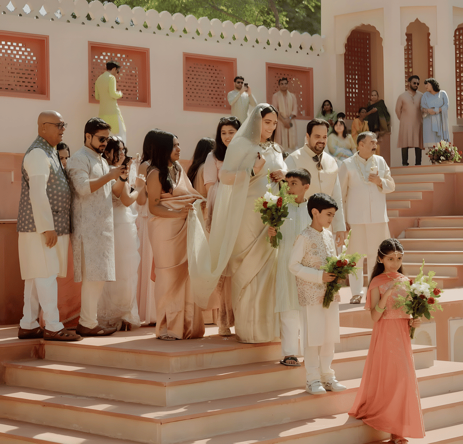 Wedding guests gathered at courtyard steps of Umaid Palace during Charvi & Dhruv celebration.