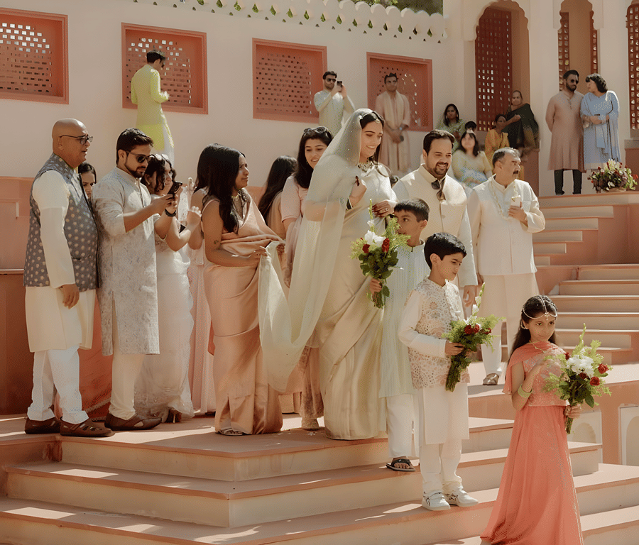 Wedding guests gathered at courtyard steps of Umaid Palace during Charvi & Dhruv celebration.