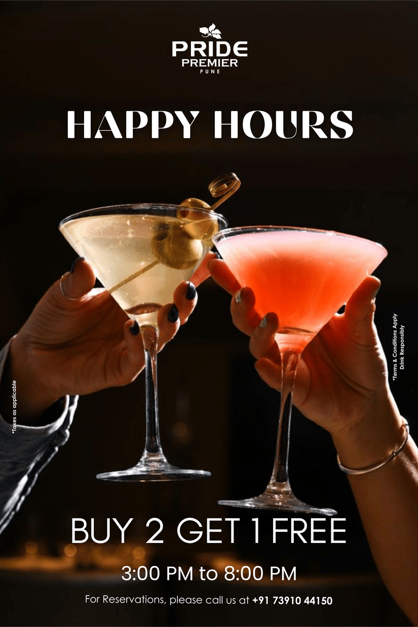 Happy Hour banner at Pride Premier Pune with two hands holding colourful drinks.