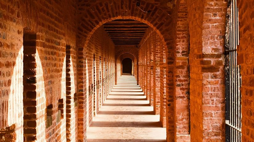 Redbrick cloister in Cellular Jail Museum.
