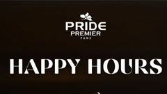 Happy Hour banner at Pride Premier Pune with two hands holding colourful drinks.