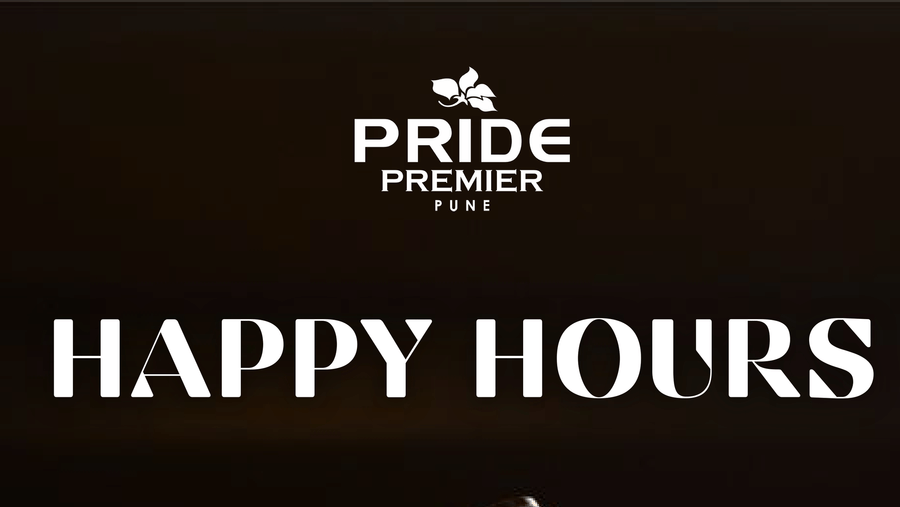 Happy Hour banner at Pride Premier Pune with two hands holding colourful drinks.