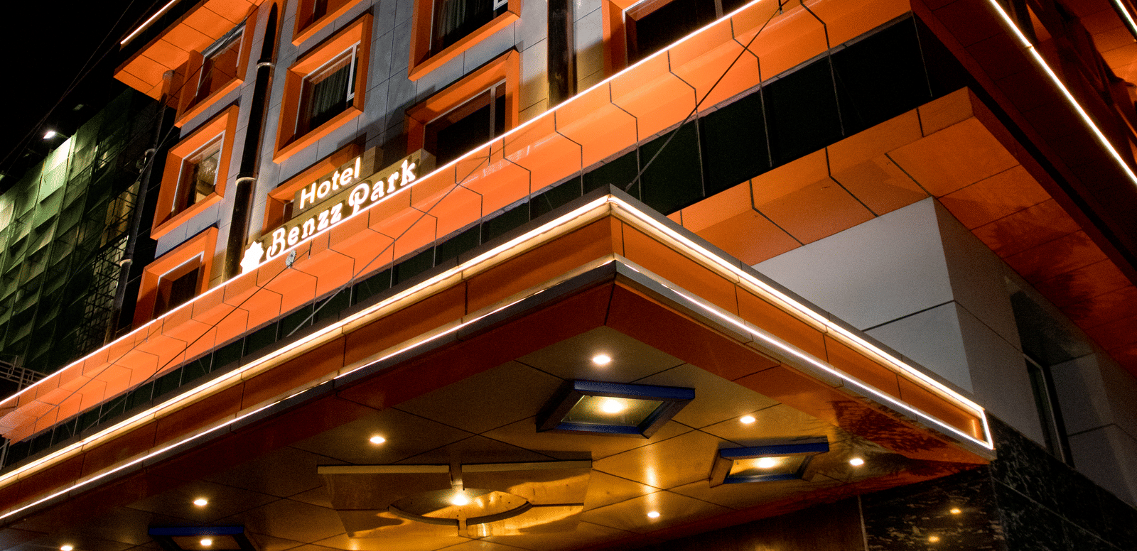 Exterior shot of the Benzz Park, Vellore, taken from a lower angle during the night.