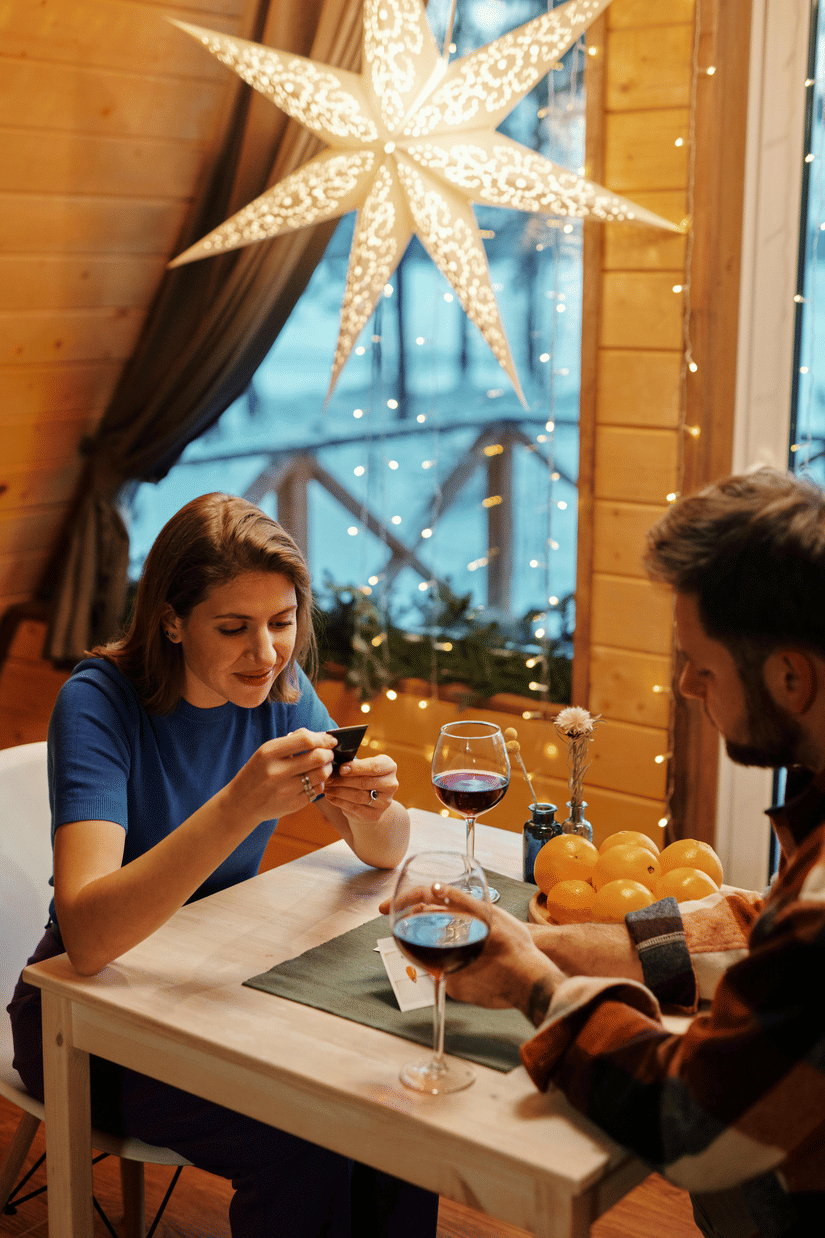  A couple sits at a wooden table in a cozy cabin, holding cards and wine. A large glowing star ornament and fairy lights hang in the background.