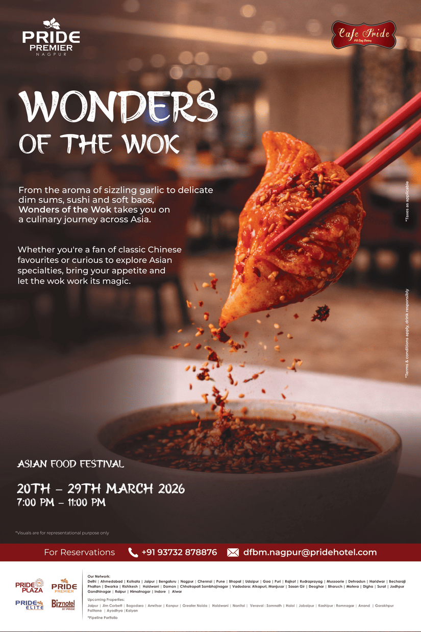 Poster of Wonder of the Wok Asian Food Festival at Pride Premier Nagpur featuring a bowl of Asian noodles with chopsticks and festival details.
