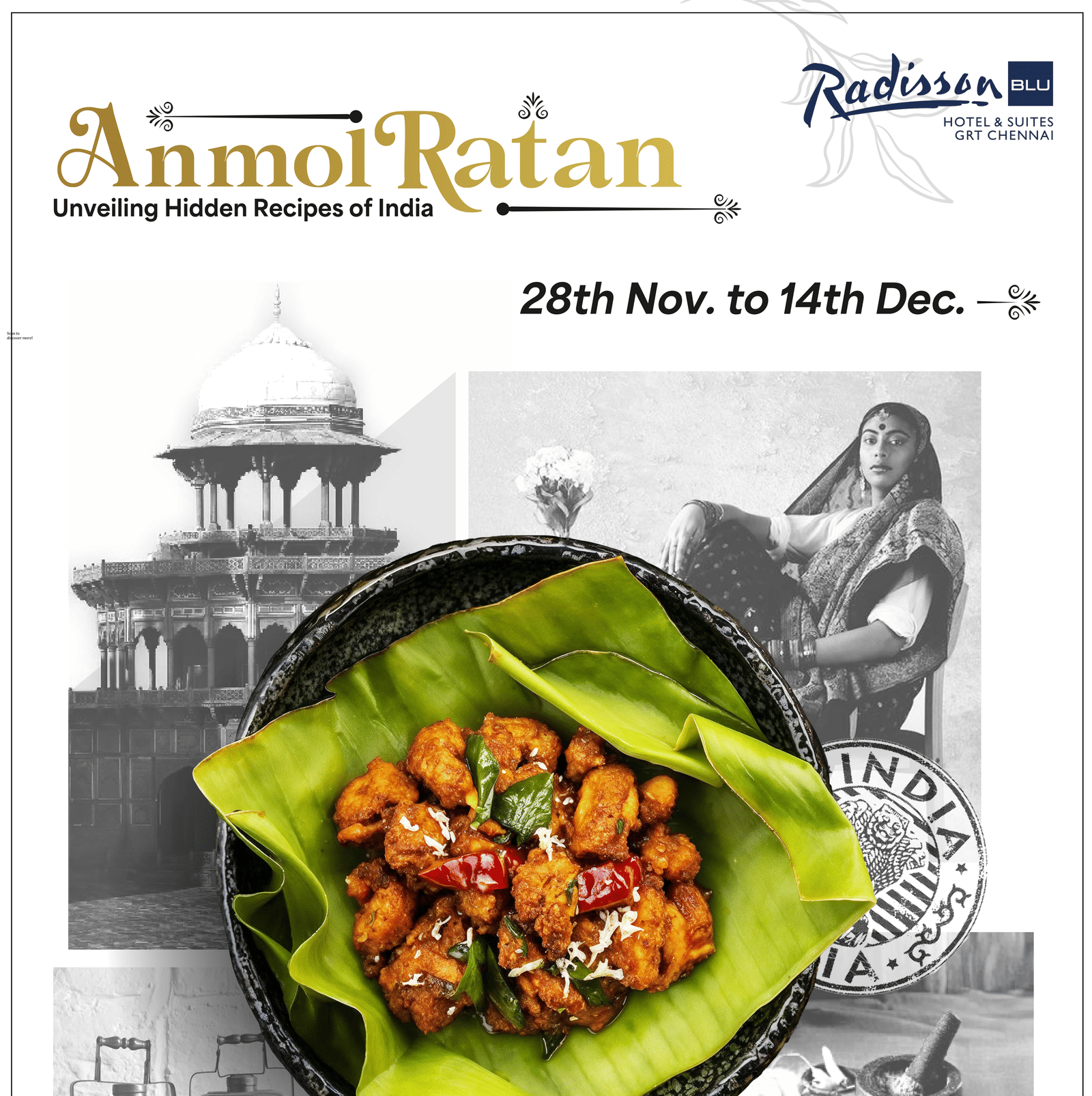 Poster for Anmol Ratan at Radisson Blu GRT Chennai featuring rare Indian regional recipes, a banana-leaf dish, cultural imagery, and event dates from 28 Nov to 14 Dec.