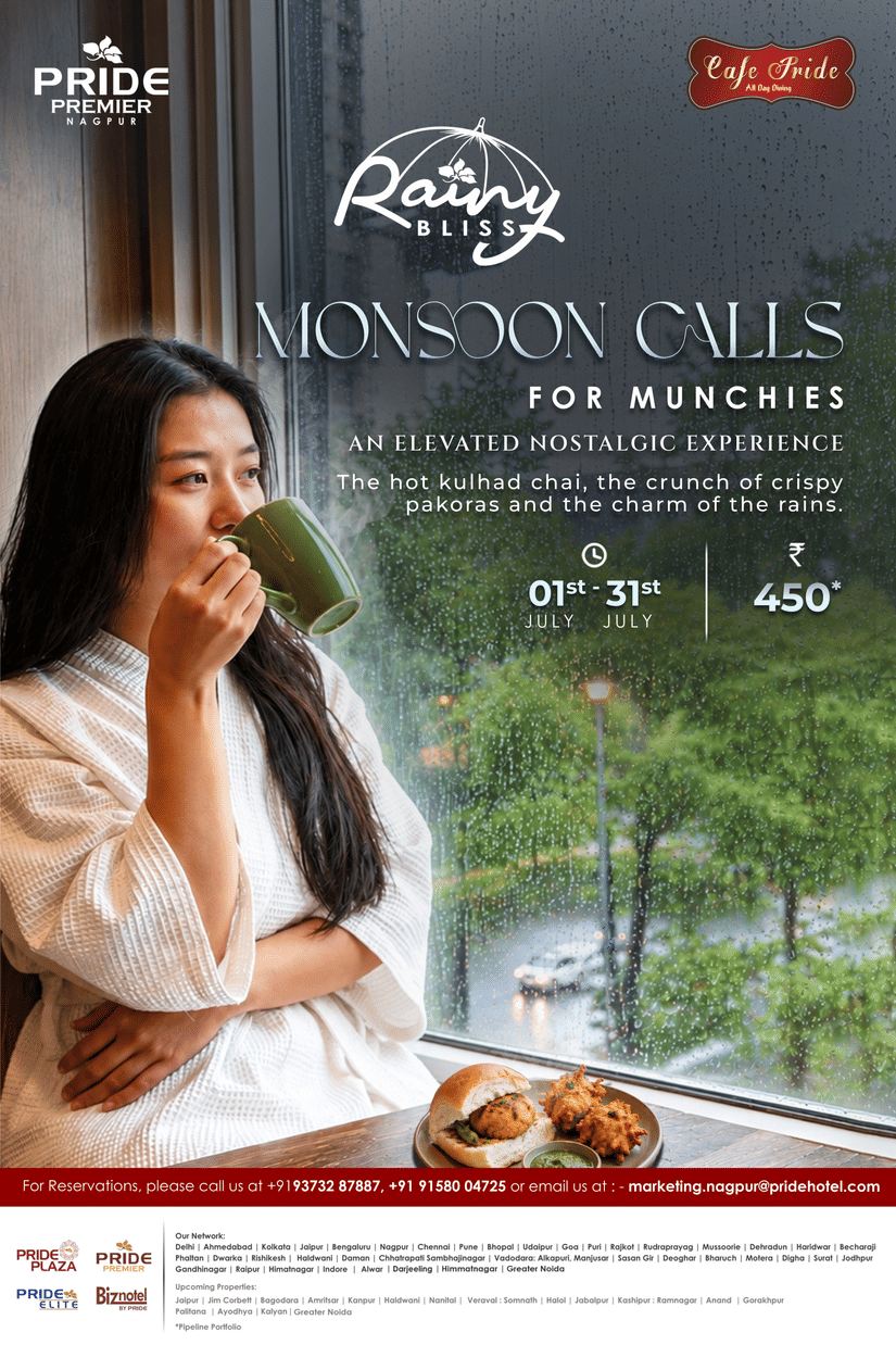 Promotional creative for Rainy Bliss Monsoon Offer at Pride Cafe by Pride Premier Nagpur, offering hot kulhad Chai and crispy Pakoras at INR 450 from 1st July to 31st July 2026.
