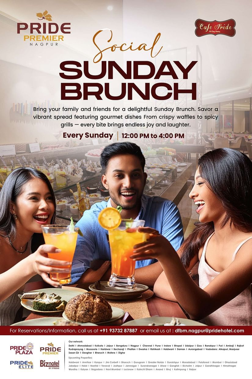 Poster for Social Sunday Brunch at Pride Premier Nagpur, scheduled every Sunday from 12:00 PM to 4:00 PM. Includes a cheerful image of three friends enjoying drinks with a buffet in the background. Contact details and hotel network information are listed b