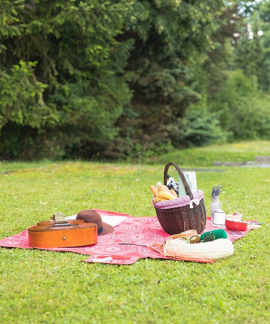 A picnic basket filled with food and personal accessories, shot with green lushy backdrops.