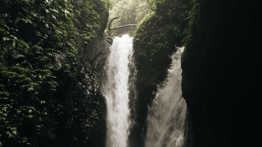A twin waterfall pours into a dark, rocky cavern from a bright, leaf-framed opening at the top, creating a white pool.