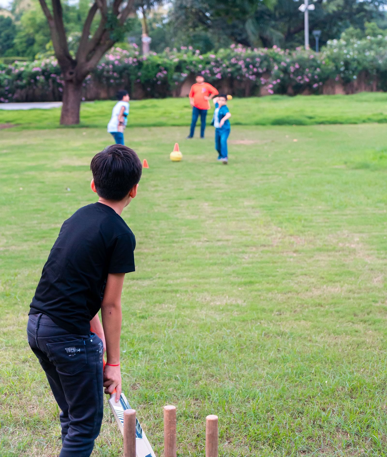 A group of boys playing cricket in the play area at Crescent Spa & Resort, Indore