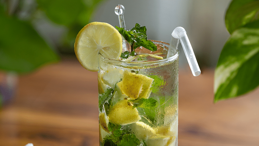 image of a chilled glass of virgin mojito topped with mint leaves and a lemon wedge