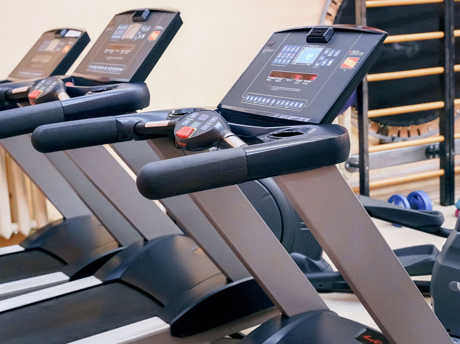 A row of modern treadmills in a gym, featuring digital displays, emergency stop cords and handles