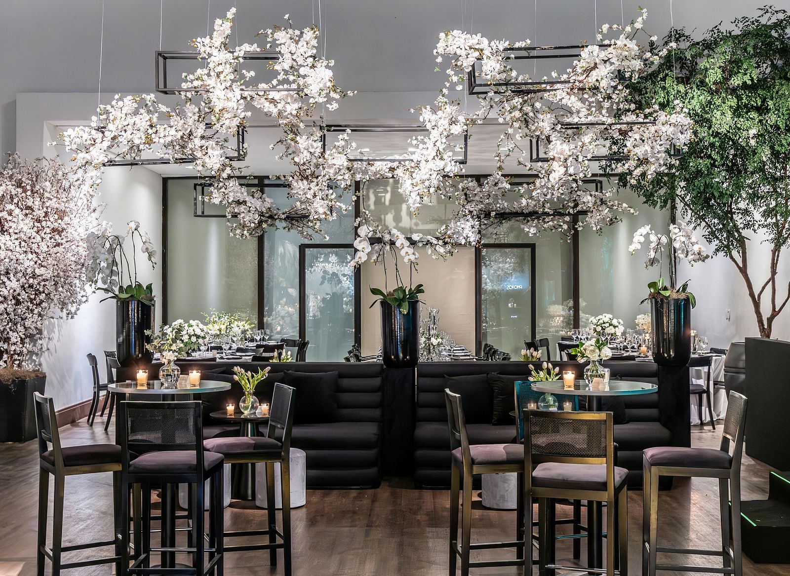 Elegant dining area with dark furniture, decorative white branches, and a glossy wooden floor.