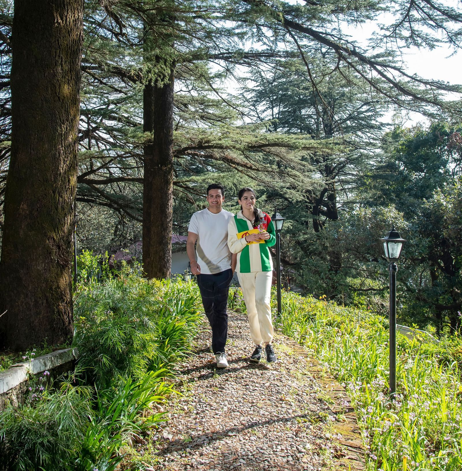 a couple walking through a green garden with huge trees