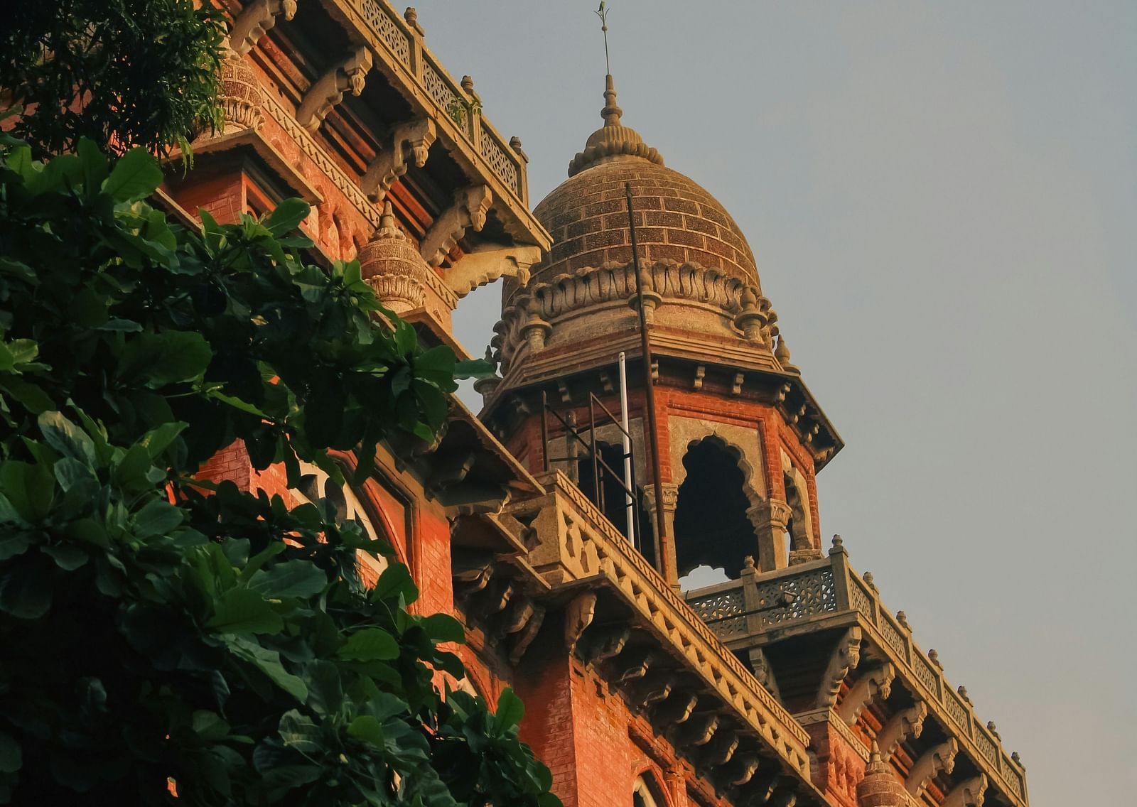 An overview of Madras High Court with a tree in front of it and blue sky in the background.
