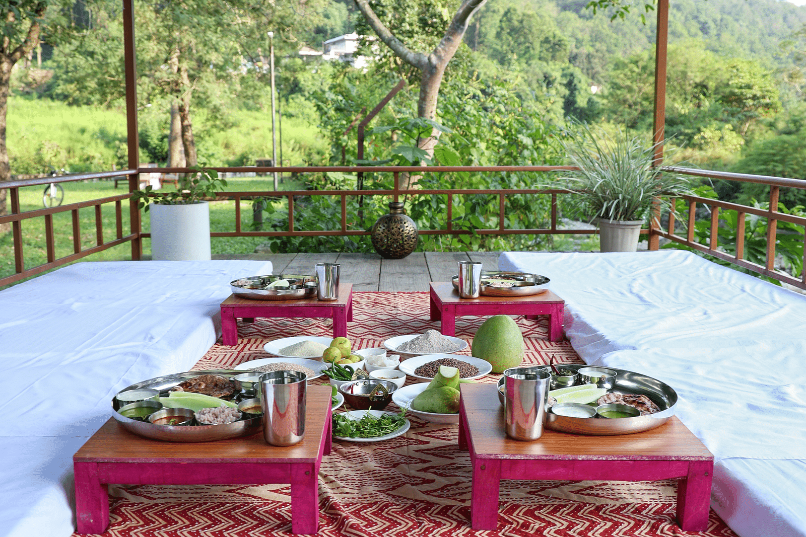 An authentic dining setting for a meal at The Sylvan Retreat, Dehradun.