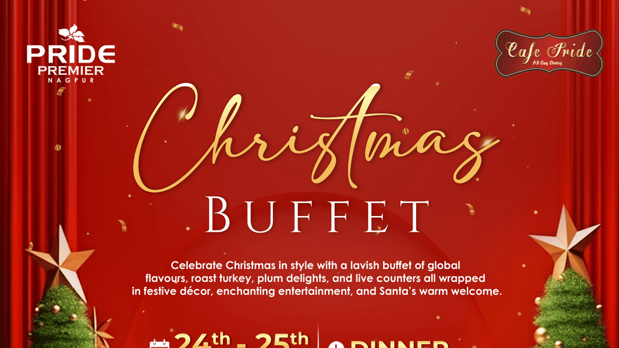 A creative of Christmas buffet setup with roast turkey, desserts, and holiday décor at Cafe Pride, Pride Premier Nagpur.