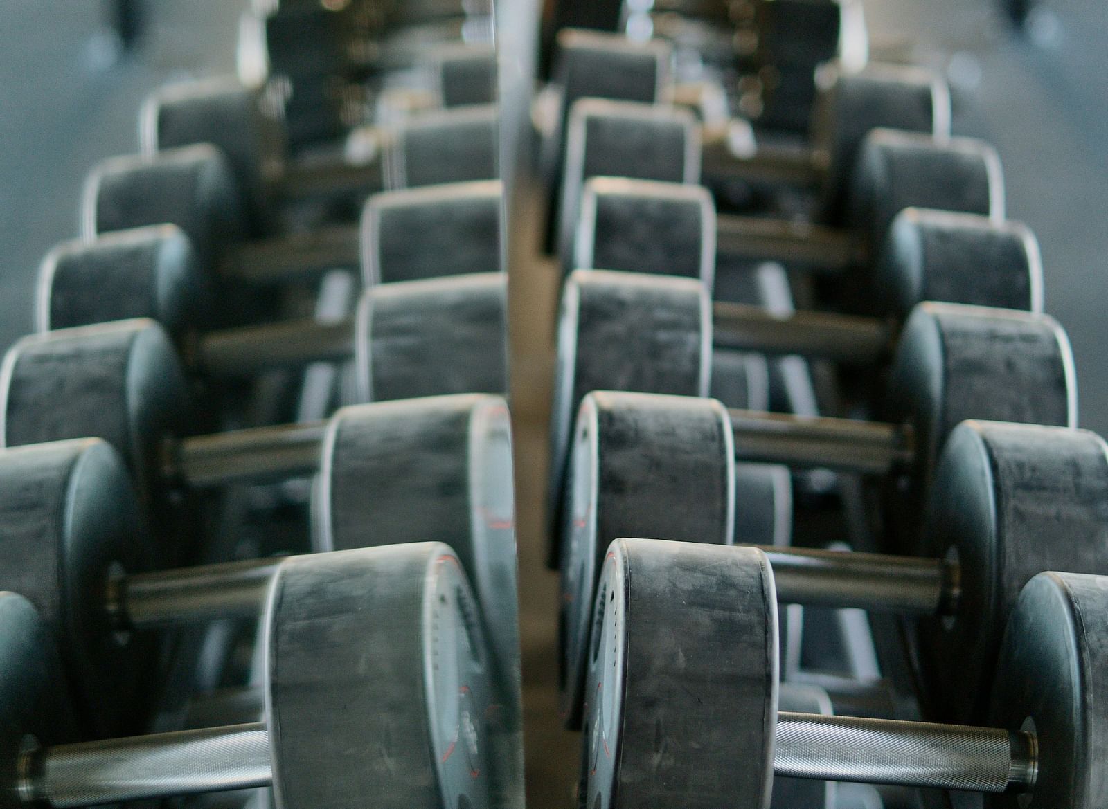 A row of dumbbells placed in front of a mirror.