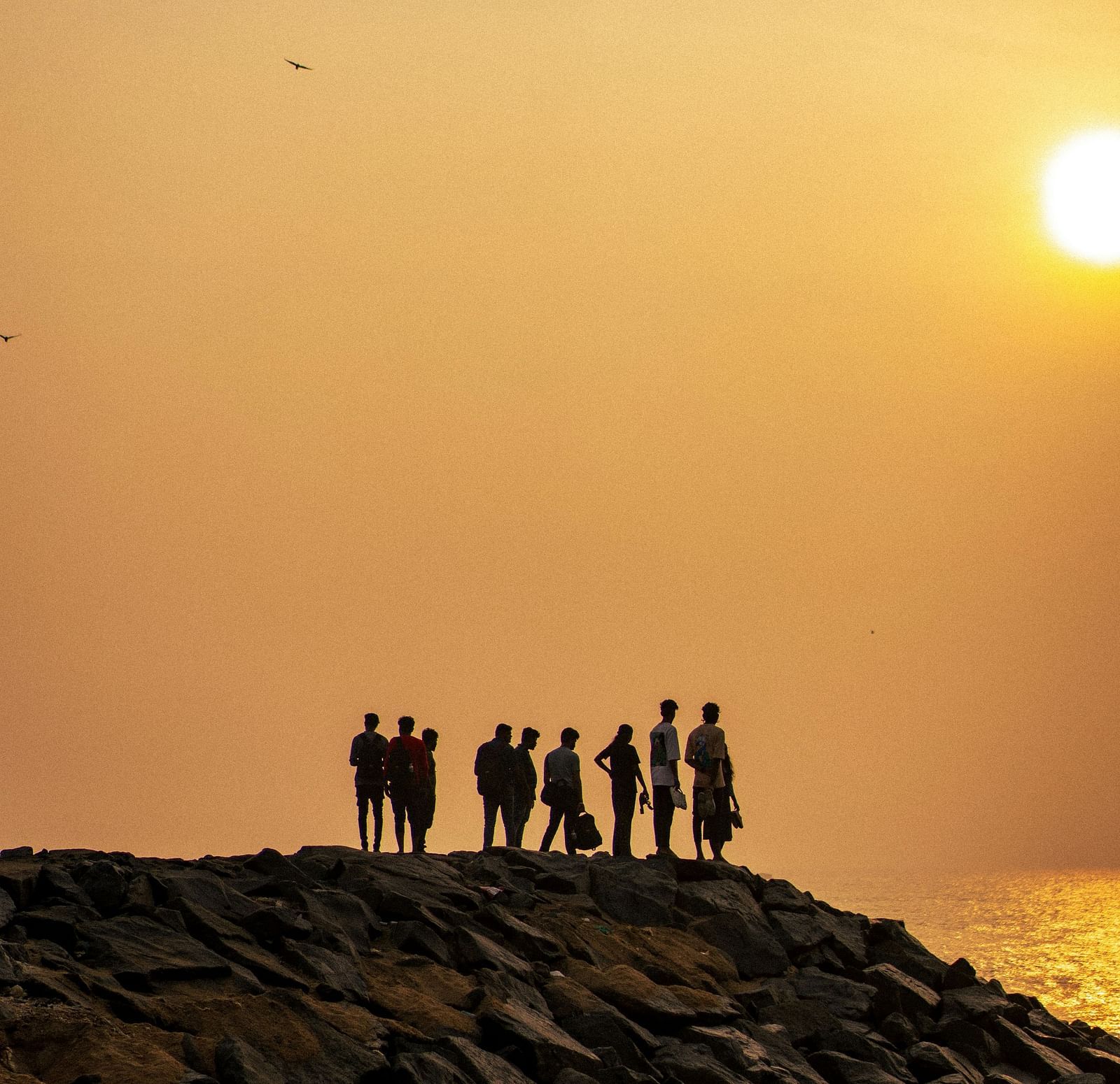 a group of people standing on boulders near Auroville Beach in Pondicherry