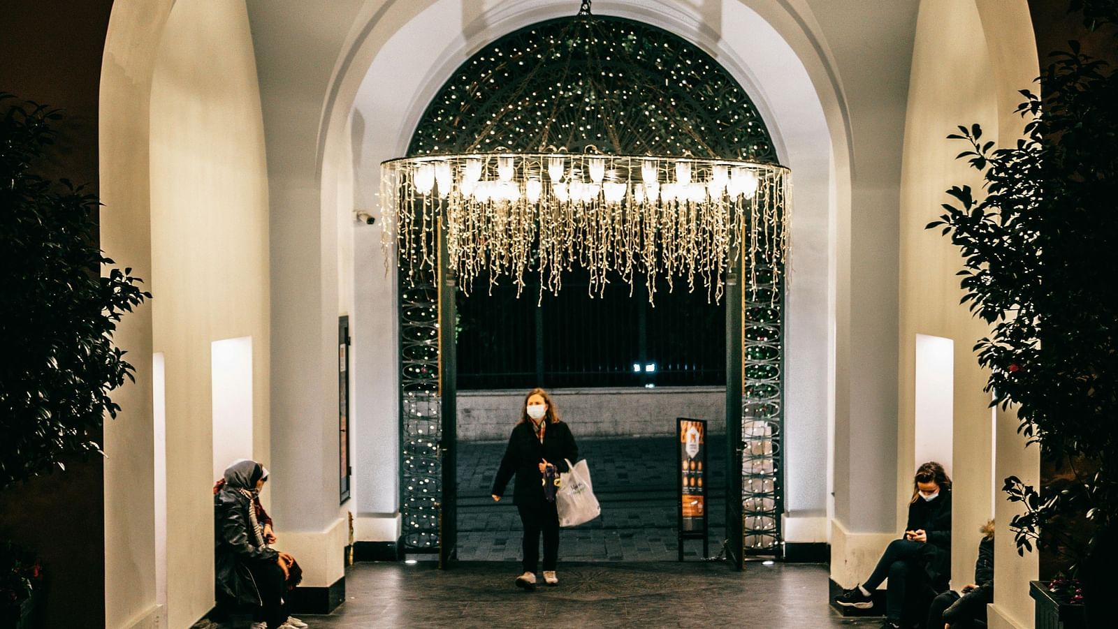 An image of an entrance to an event hall with decorative lighting