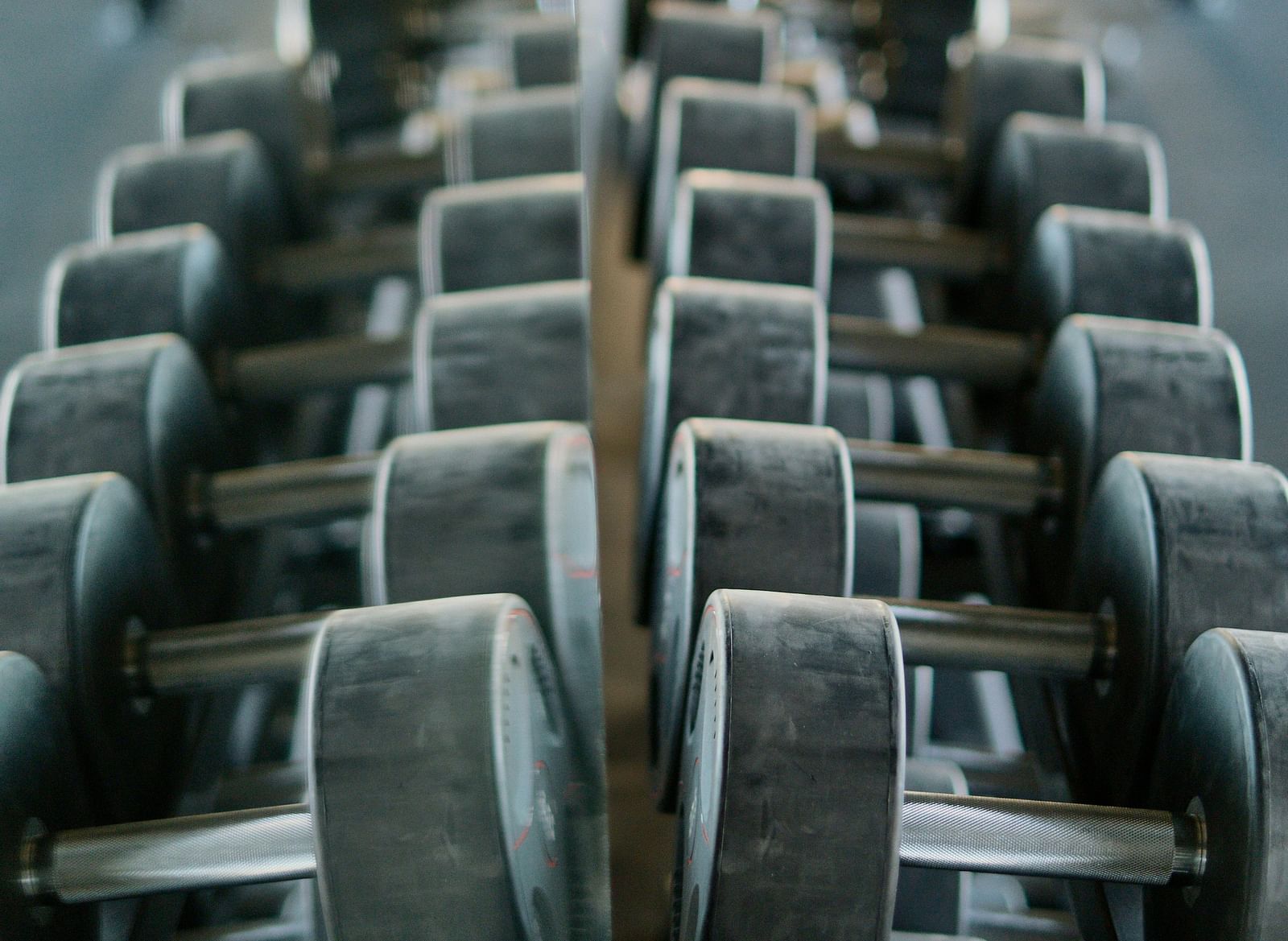 A row of dumbbells placed in front of a mirror.