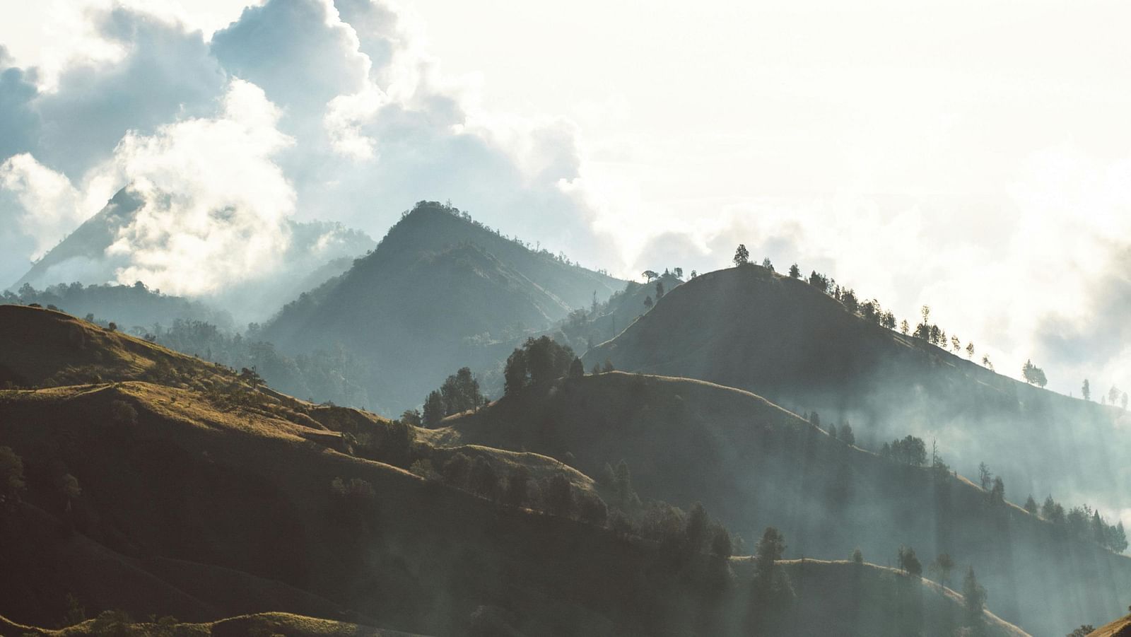 Snow-capped mountain peaks rising above misty clouds at sunrise.