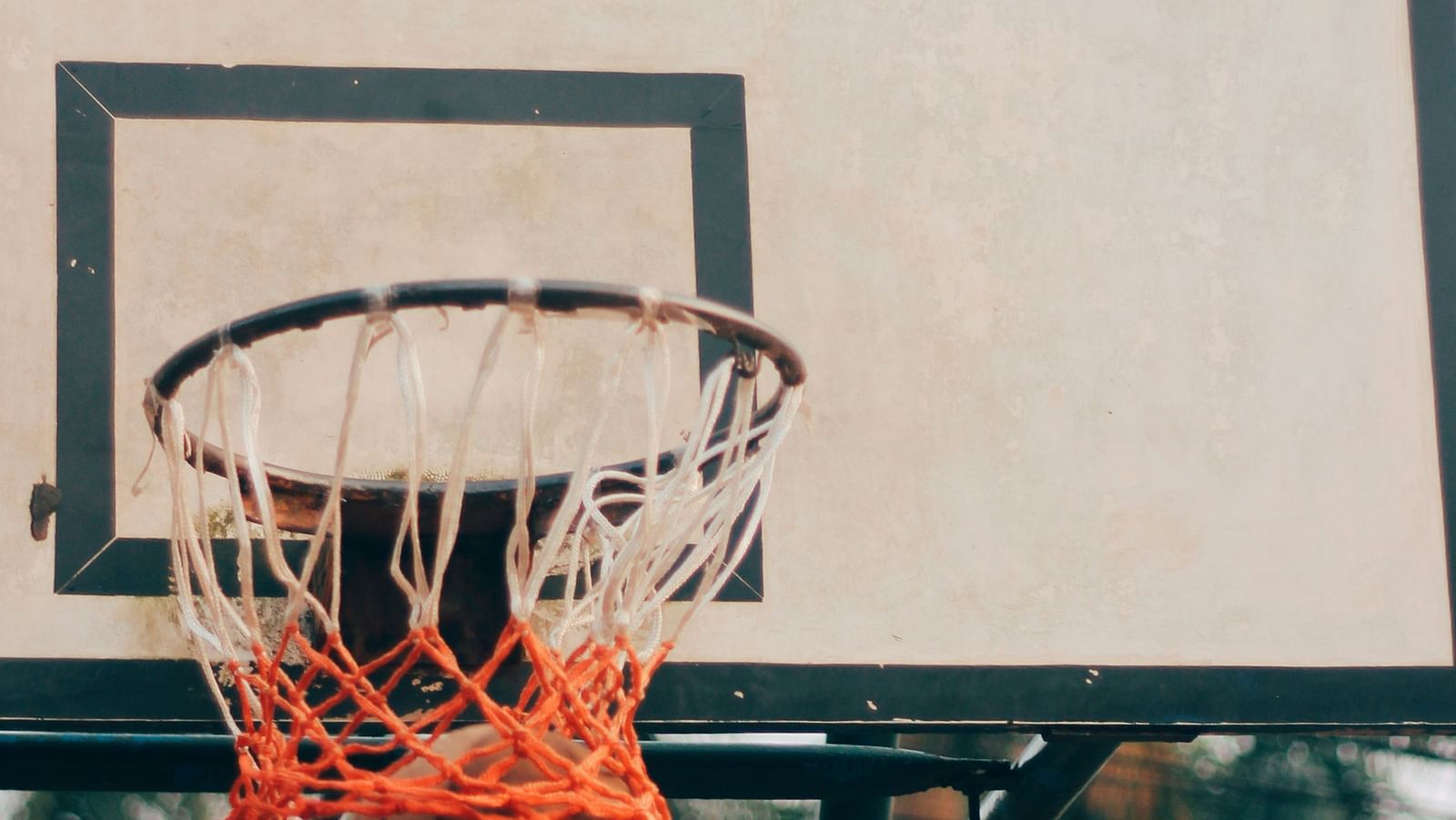 Front view of a basketball going through the hoop with trees in the background.