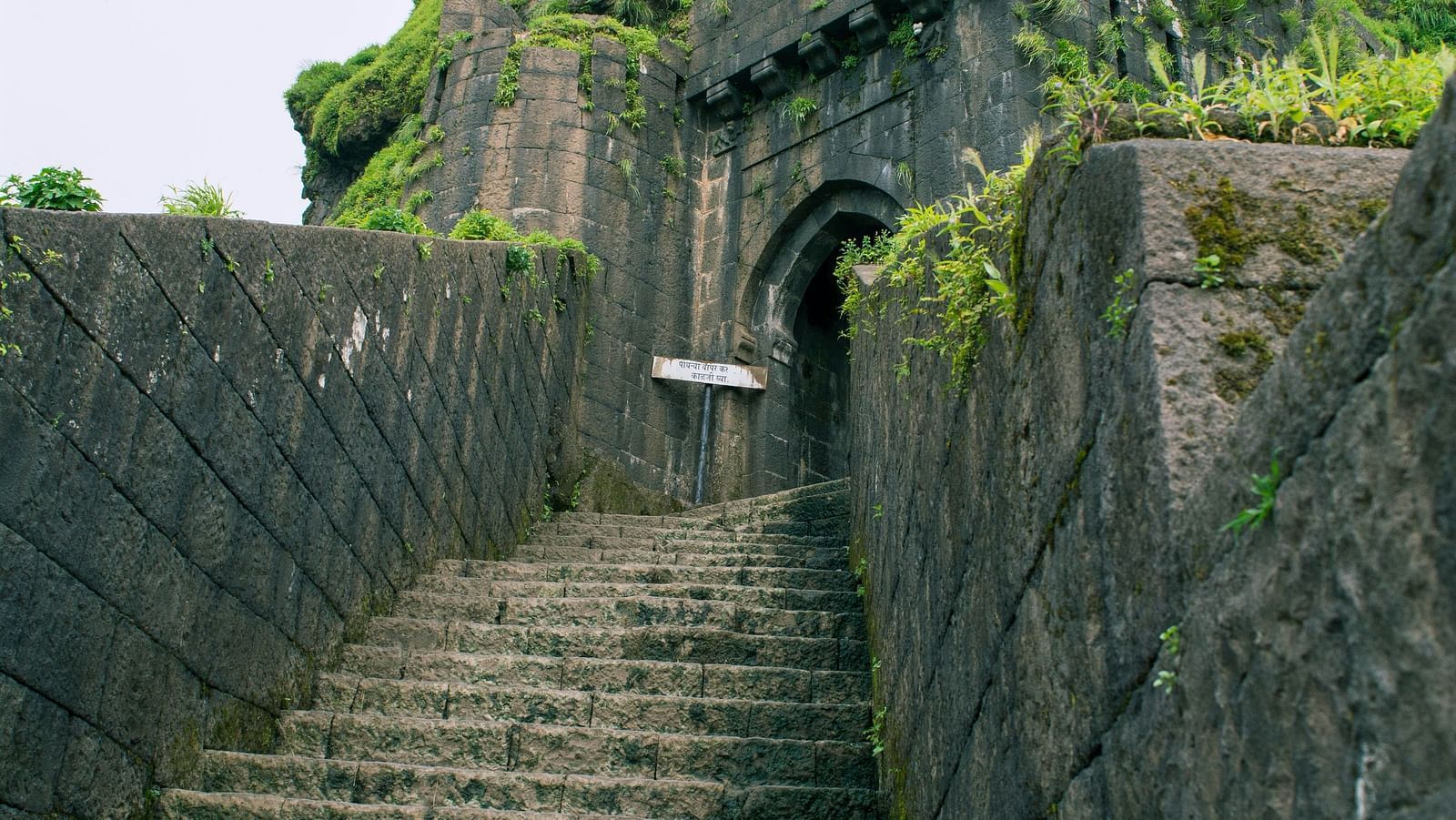 An overview of the steps leading to karla caves with greenery growing at the top.