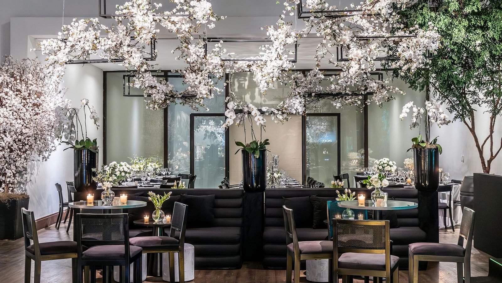 Elegant dining area with dark furniture, decorative white branches, and a glossy wooden floor.