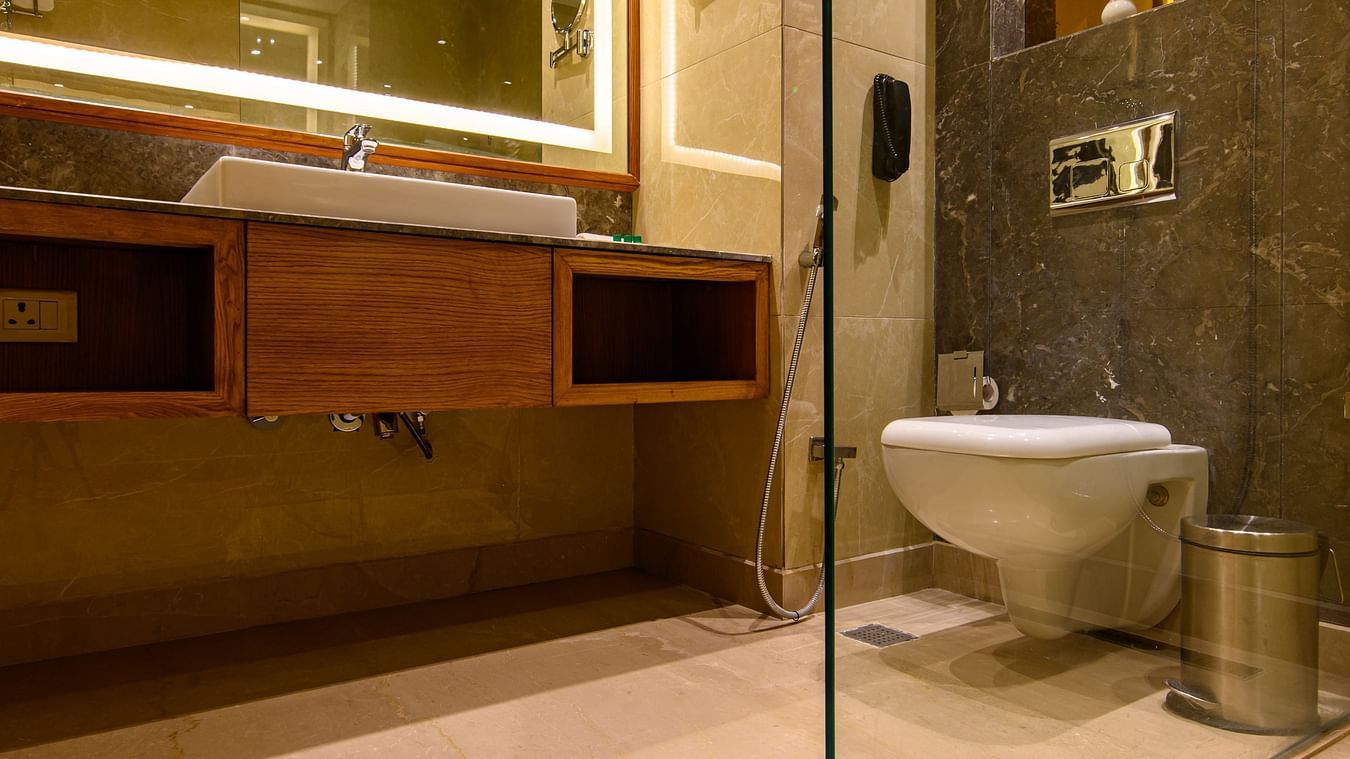 The interiors of a bathroom with a shower cubicle of one of the rooms in Pushkar at our 5-star resort 78
