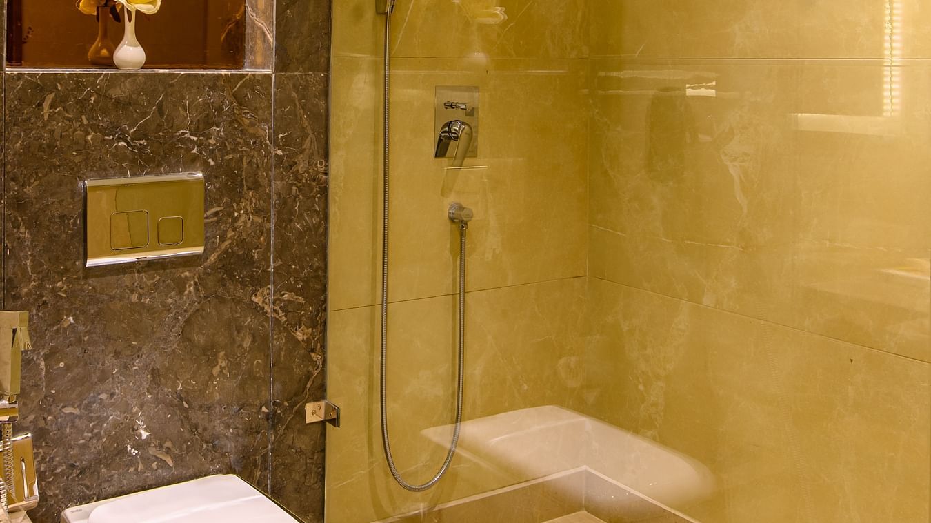 The interiors of a bathroom with a shower cubicle of one of the rooms in Pushkar at our 5-star resort 78
