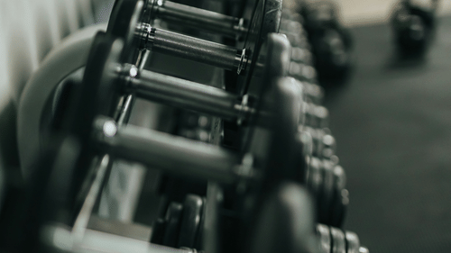 A close-up, perspective view of a row of black dumbbells neatly arranged on a rack within a modern gym setting.