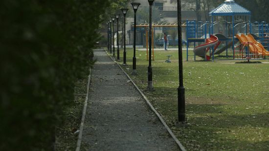 Scenic walkway surrounded by dense greenery and park landscape.