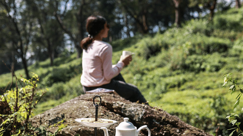a woman sitting on the cliff of a rock facing green tea gardens with a plate and kettle behind - The Lamrin Norwood Green, Palampur