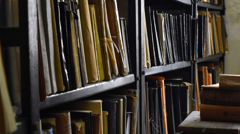 Tall wooden bookshelves filled with neatly arranged books create a quiet library setting