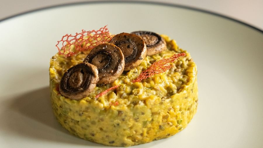 A plate of a dish garnished well at Ananta Spa and Resort, Ajabgarh