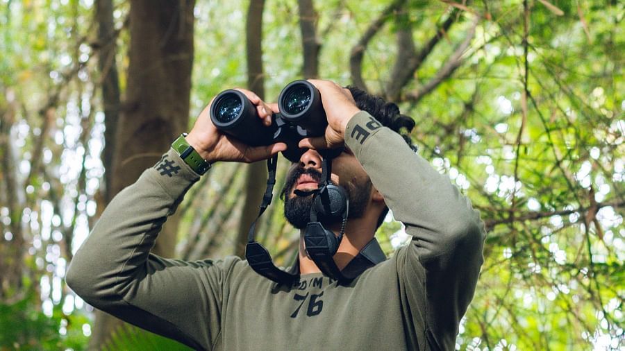 Two people looking through binoculars in a forest or park.