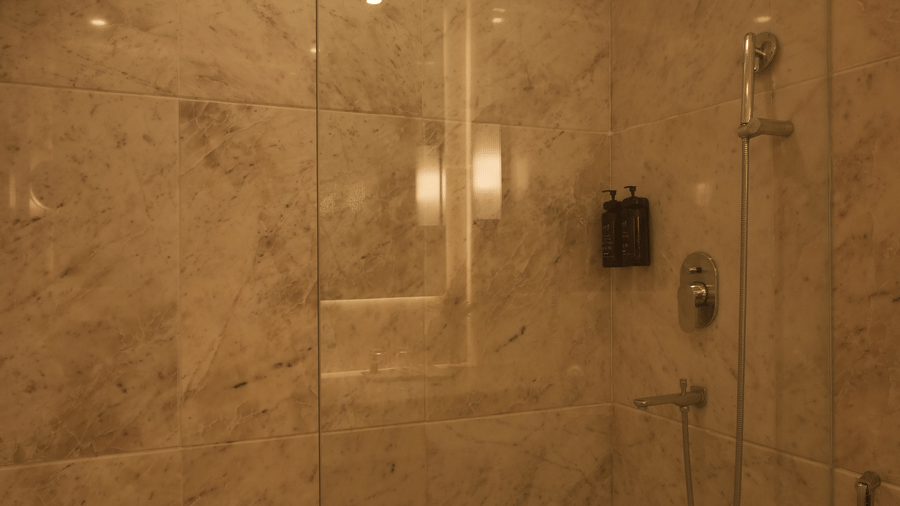 A walk-in glass shower stall features wall-mounted fixtures in the Superior King bathroom at Clarks Amer, Jaipur.