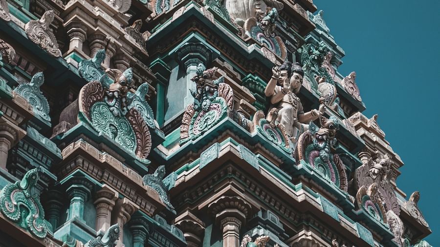 Exterior view of the hindu temple with stone craving.