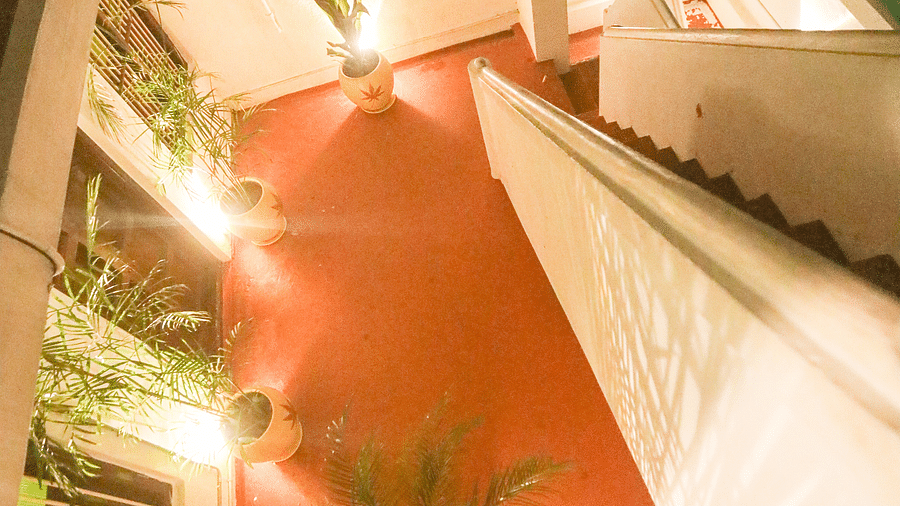 The night view of steps from the terrace leading down to the villa covered in red oxide and decorated with fairy light and plants- La Villa Heritage, Pondicherry