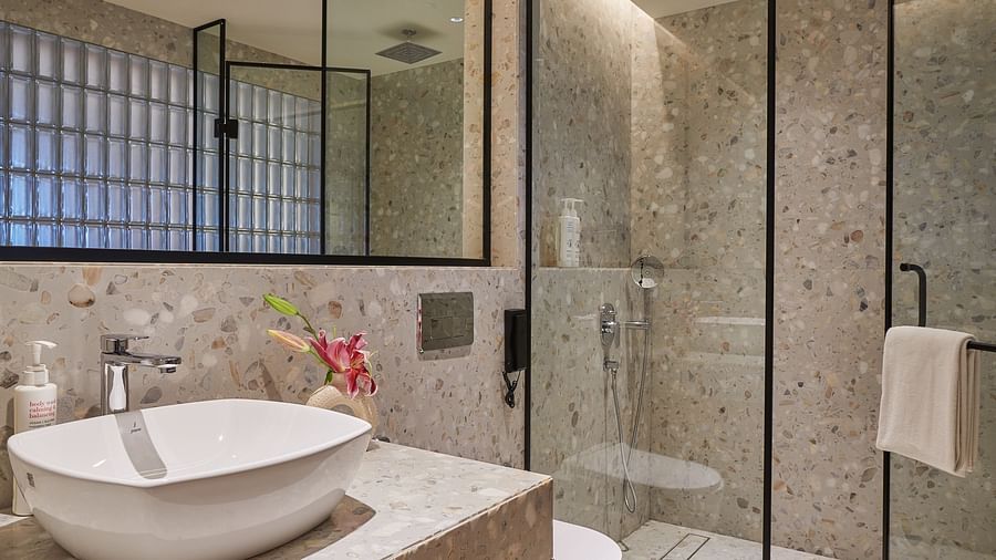 Image of a washroom with glass doors and modern amenities at The Dukes Retreat.