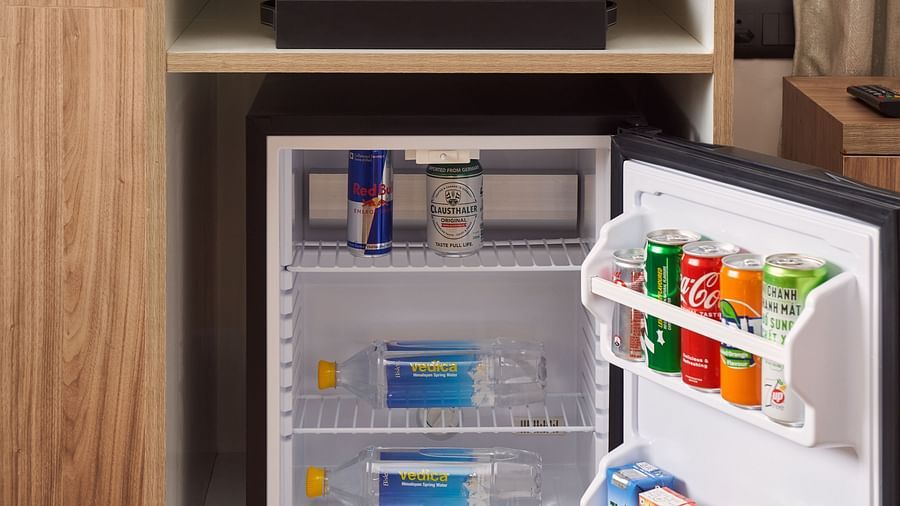 minibar in the suite at Triptam Hotel, Vrindavan