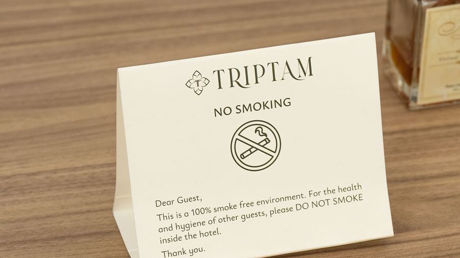 no smoking notice in the suite at Triptam Hotel, Vrindavan