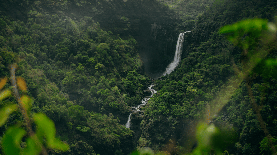 An overview of the Sahyadri Hills in Lonavala with a waterfall in the centre and trees all over. Lonavala is the perfect place for a weekend getaway near Mumbai, due to it's location and things to do.